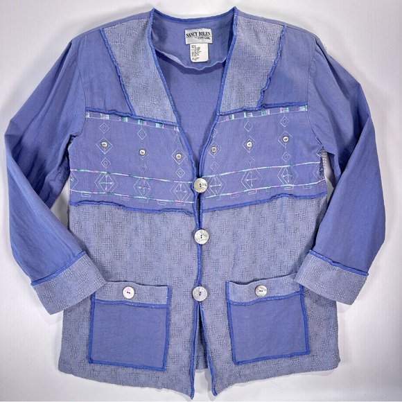 Nancy Bolen Women’s Boho Linen Blend Jacket Blue Small Lagenlook - Picture 2 of 10